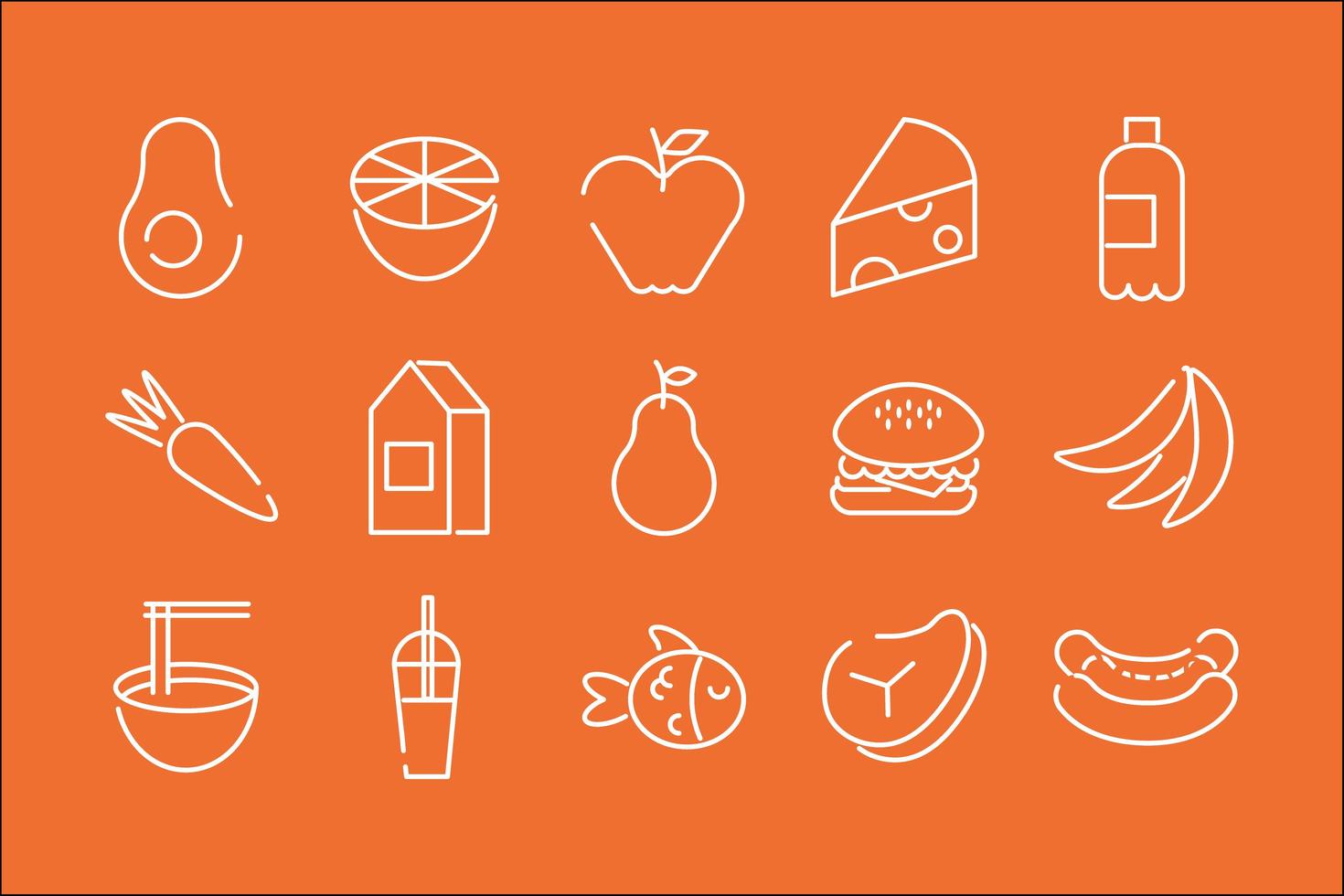 paquete de quince iconos de comida en un fondo naranja vector