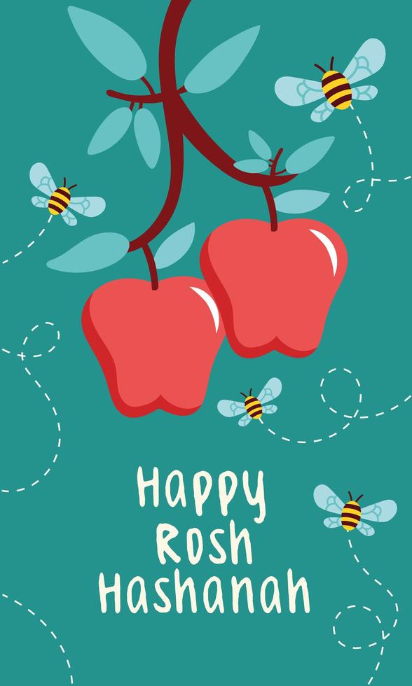 happy rosh hashanah celebration with apples and bees flying vector