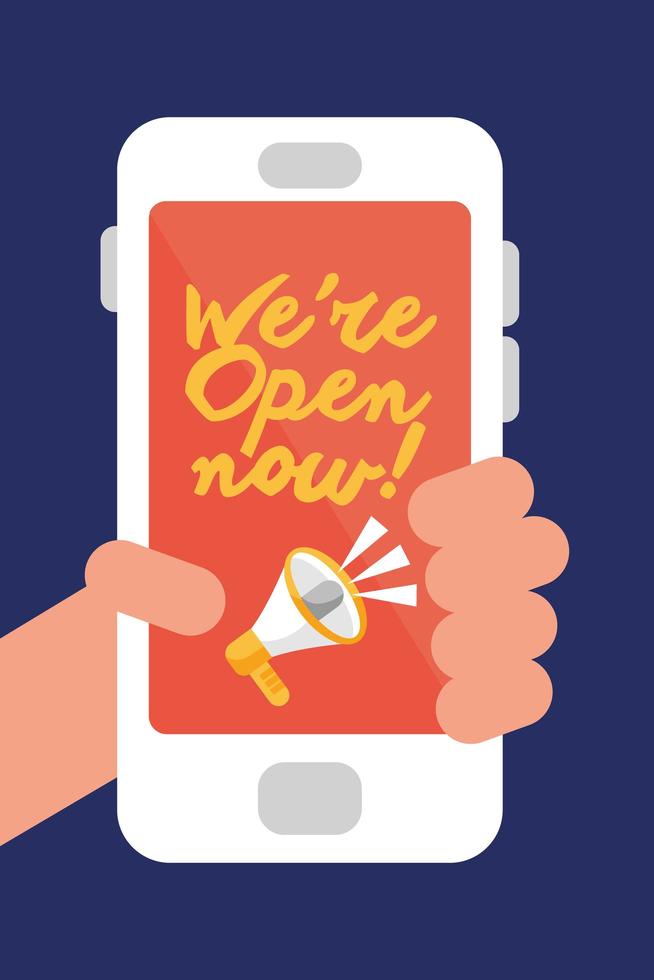hand user with we are open now re opening lettering in smartphone vector
