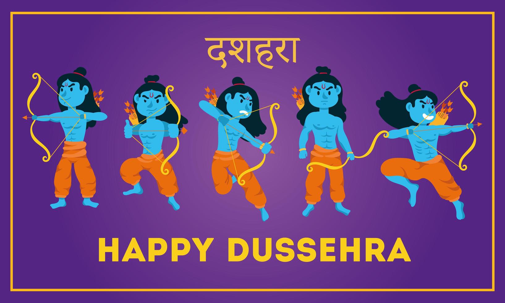 happy dussehra lettering with lords rama blue characters vector