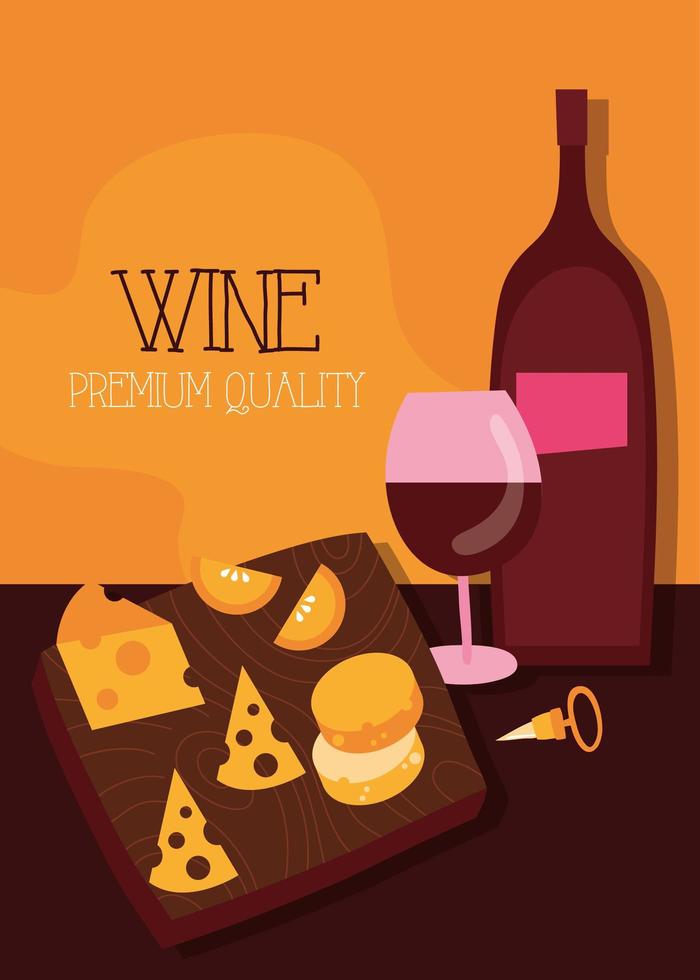 cartel de vino de primera calidad con botella y mesa de queso. vector