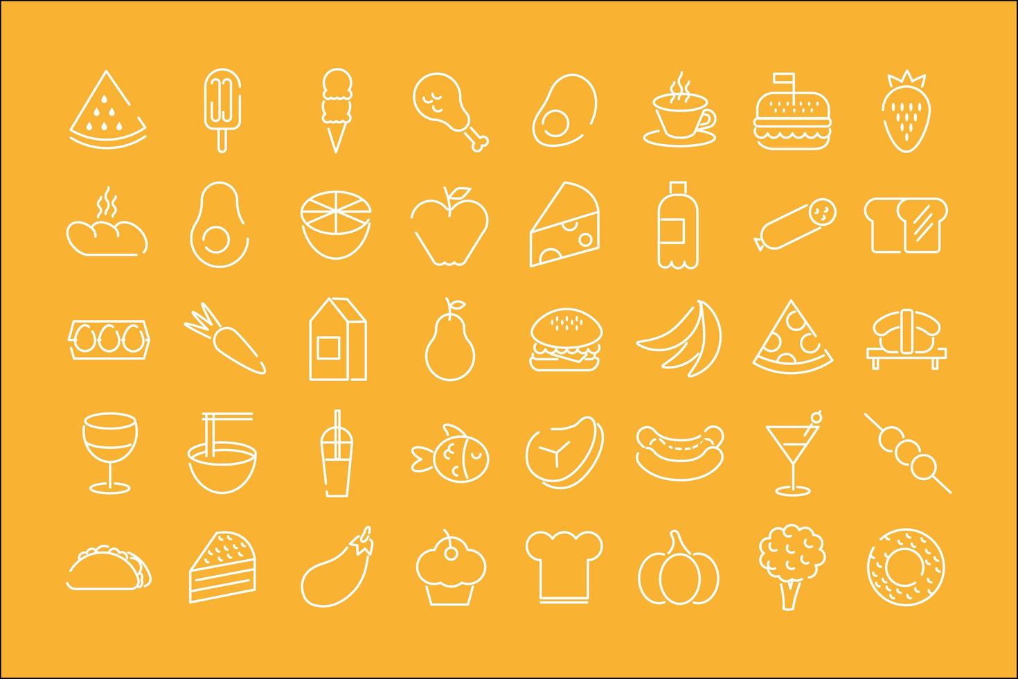 bundle of forty food icons in a yellow background vector
