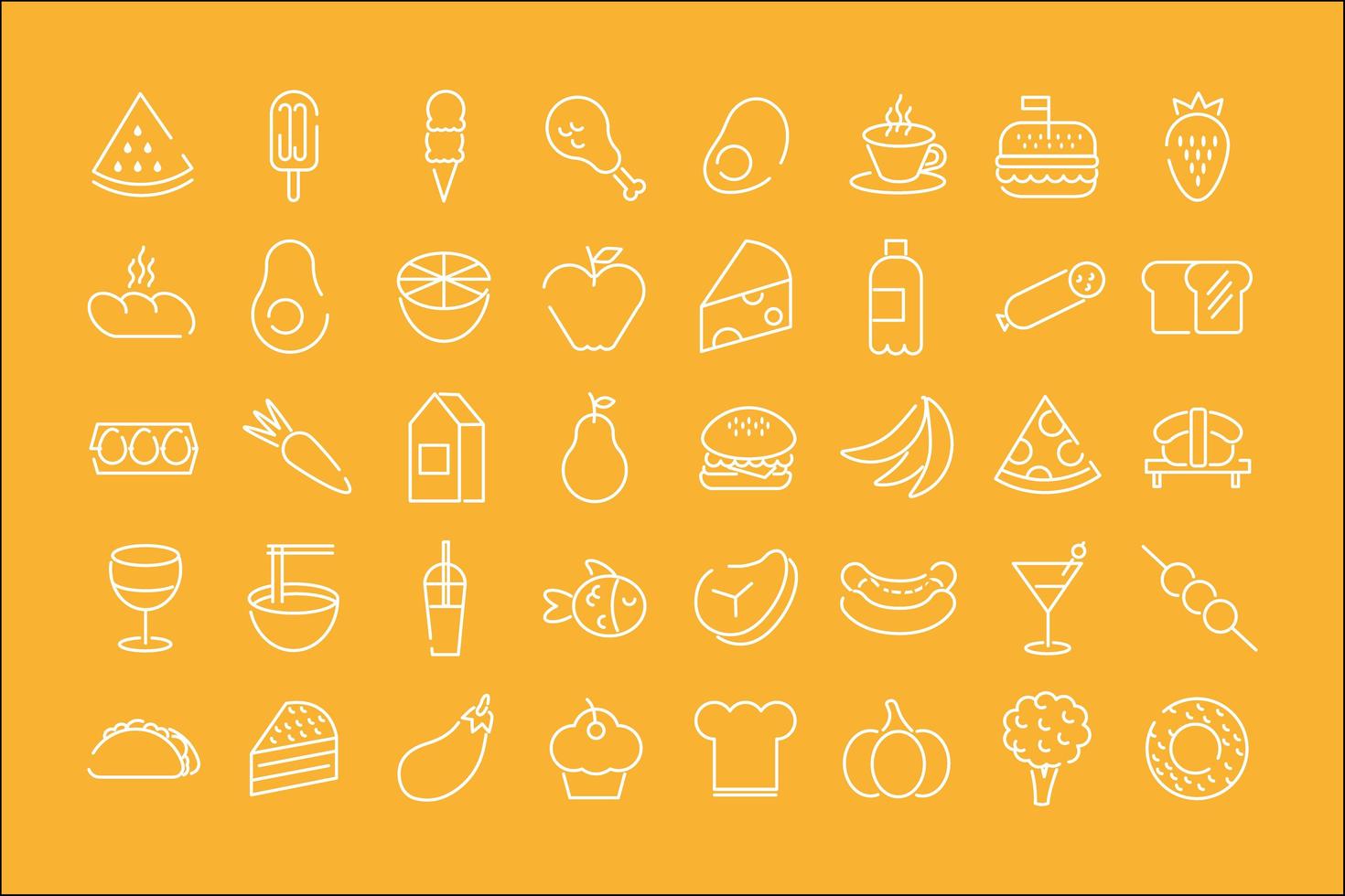 Paquete de cuarenta iconos de comida en un fondo amarillo vector