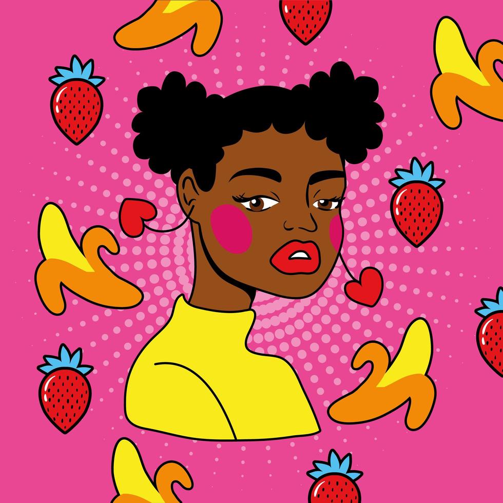 joven mujer afro con frutas estilo pop art vector