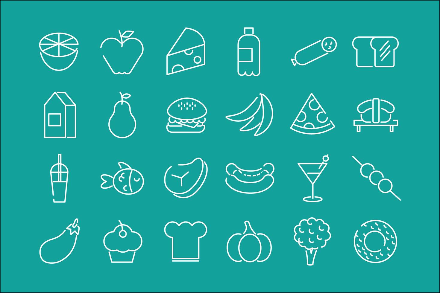 paquete de veinticuatro iconos de alimentos en un fondo verde vector