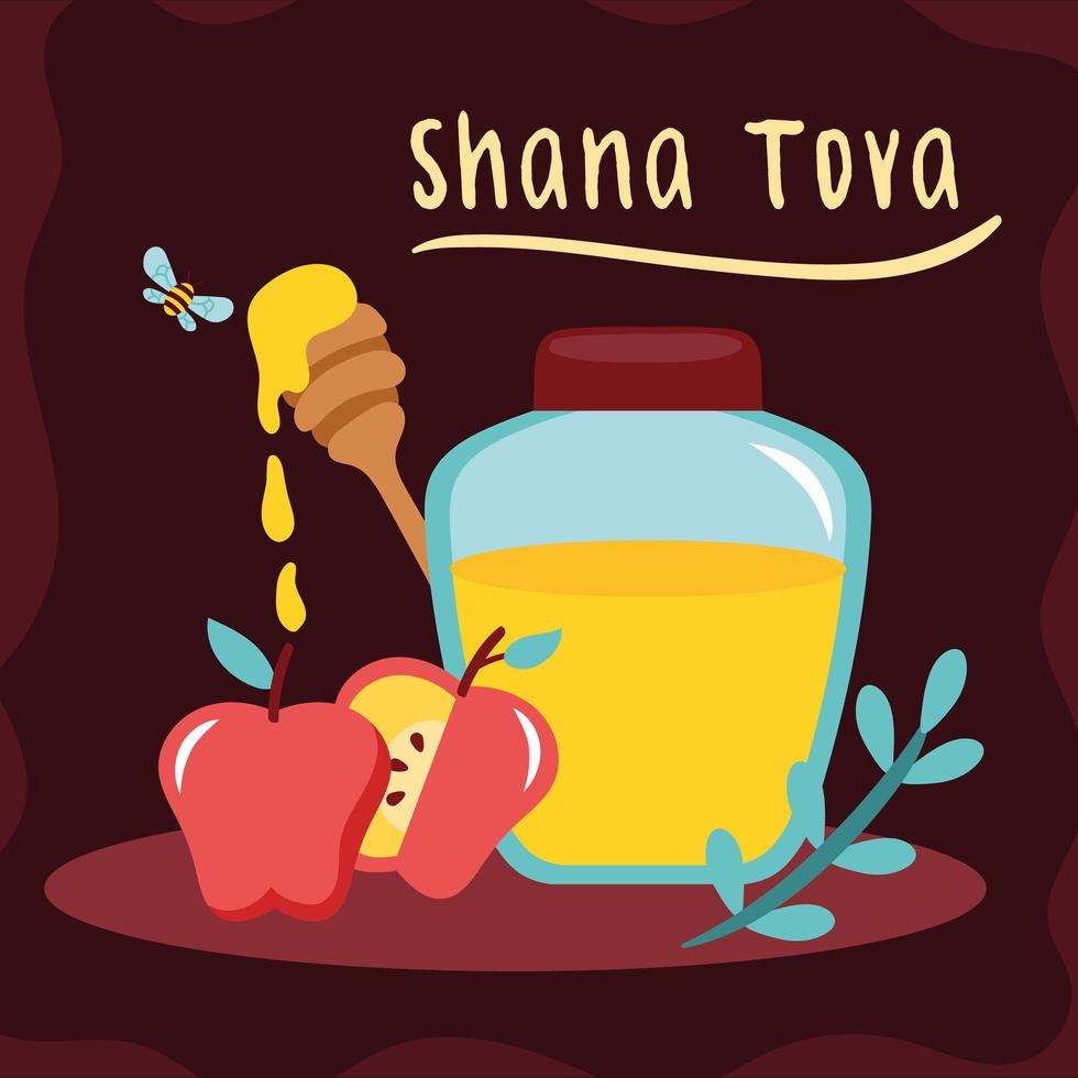 shana tova lettering with honey and apples vector