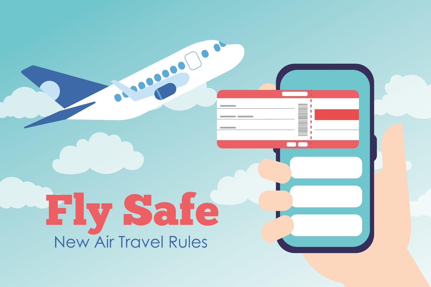 fly safe campaign lettering poster with ticket flight in smartphone and airplane flying vector