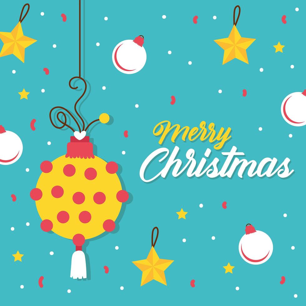 happy merry christmas celebration card with ball and stars vector