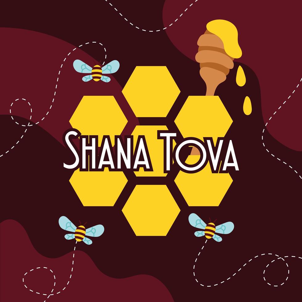 shana tova lettering with bees flying and honey vector