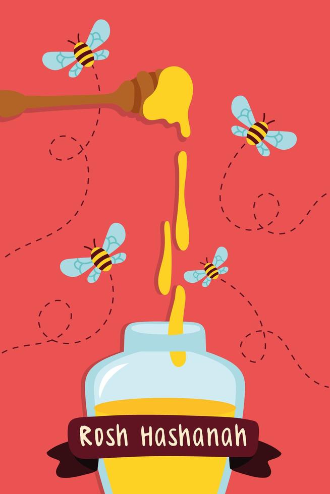 happy rosh hashanah celebration with bees and honey in pot vector