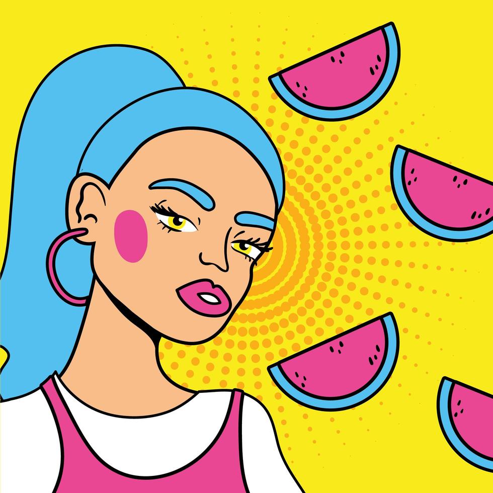 mujer joven con fresas estilo pop art vector
