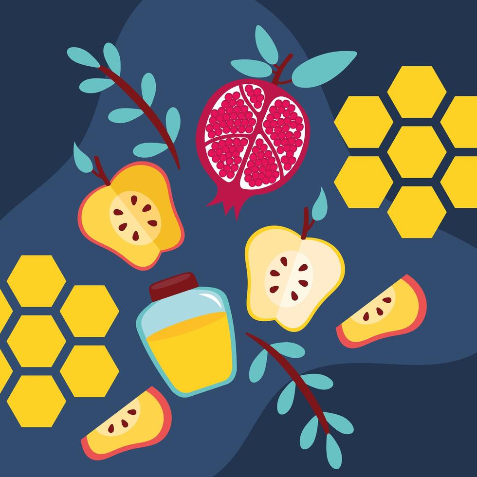 happy rosh hashanah with honey pot and fruits vector