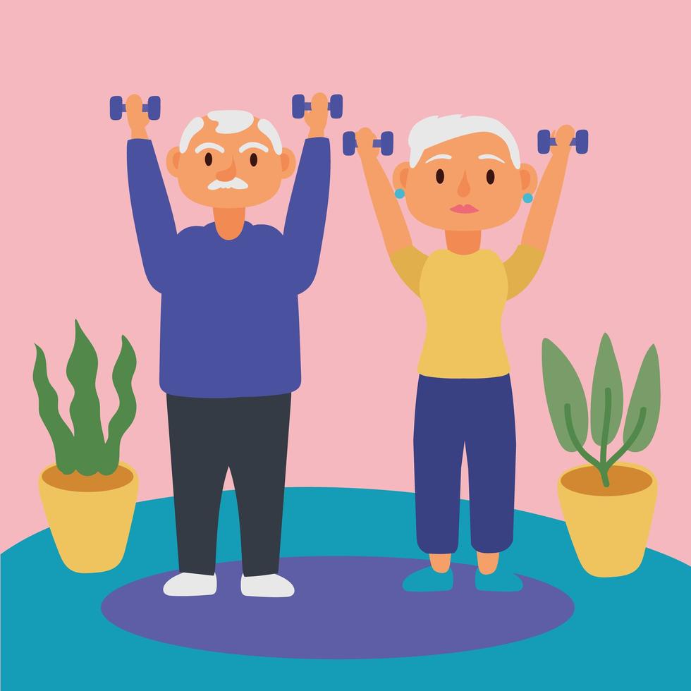 old couple lifting dumbbells, active seniors characters vector