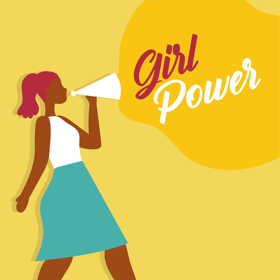 cartel de girl power con mujer afro con megáfono vector