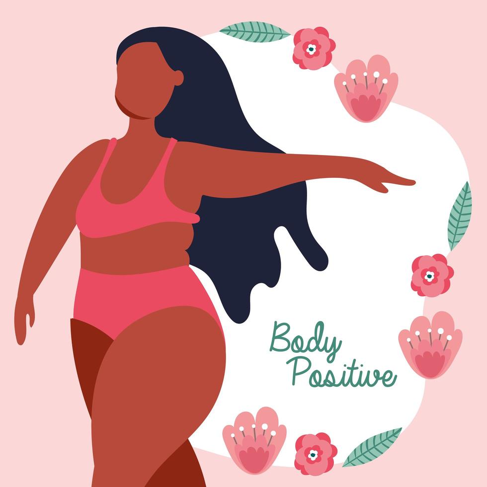 body positive lettering with afro woman and roses vector