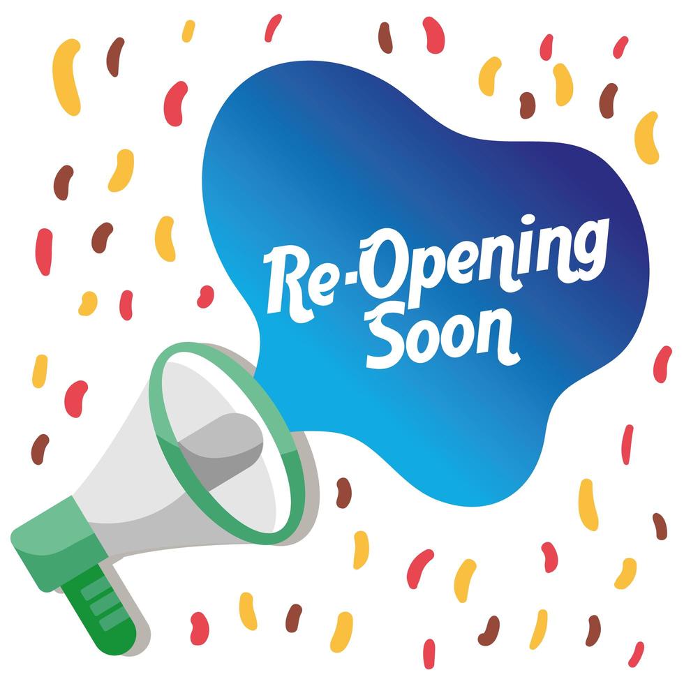 re opening lettering with megaphone and confetti vector