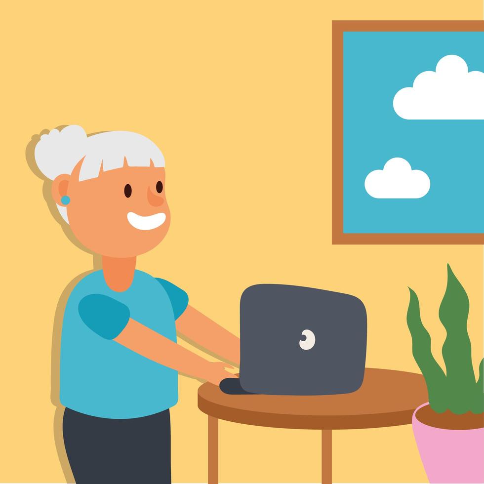 old woman using laptop, active senior character vector