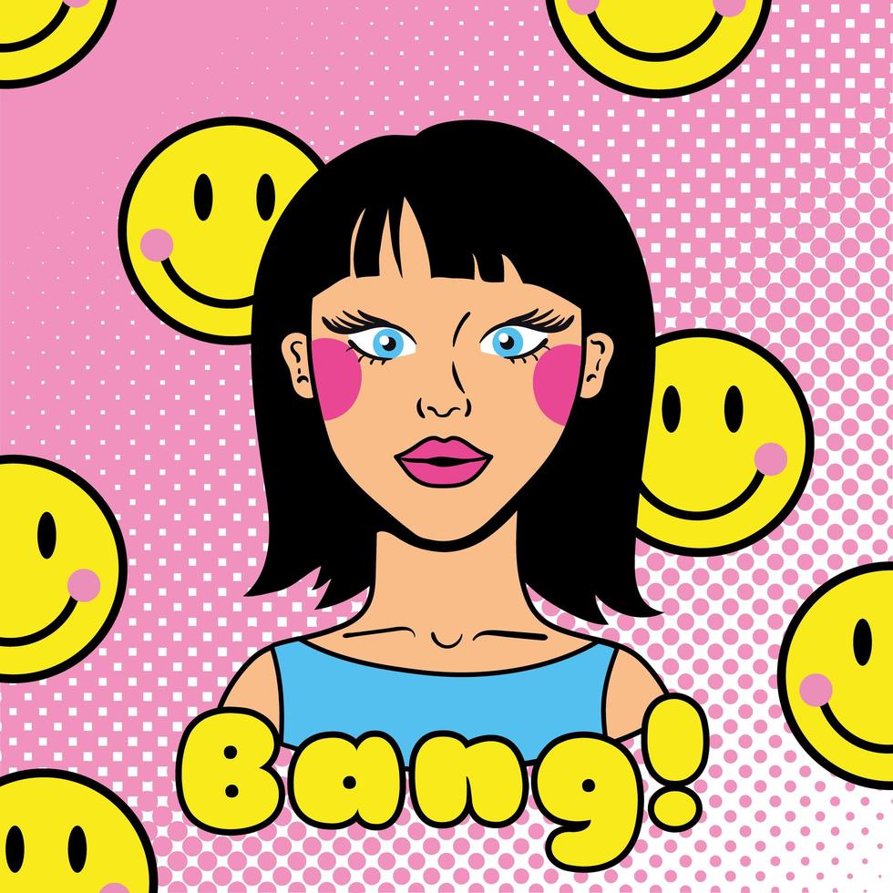 mujer joven con sonrisa emoticonos estilo pop art vector