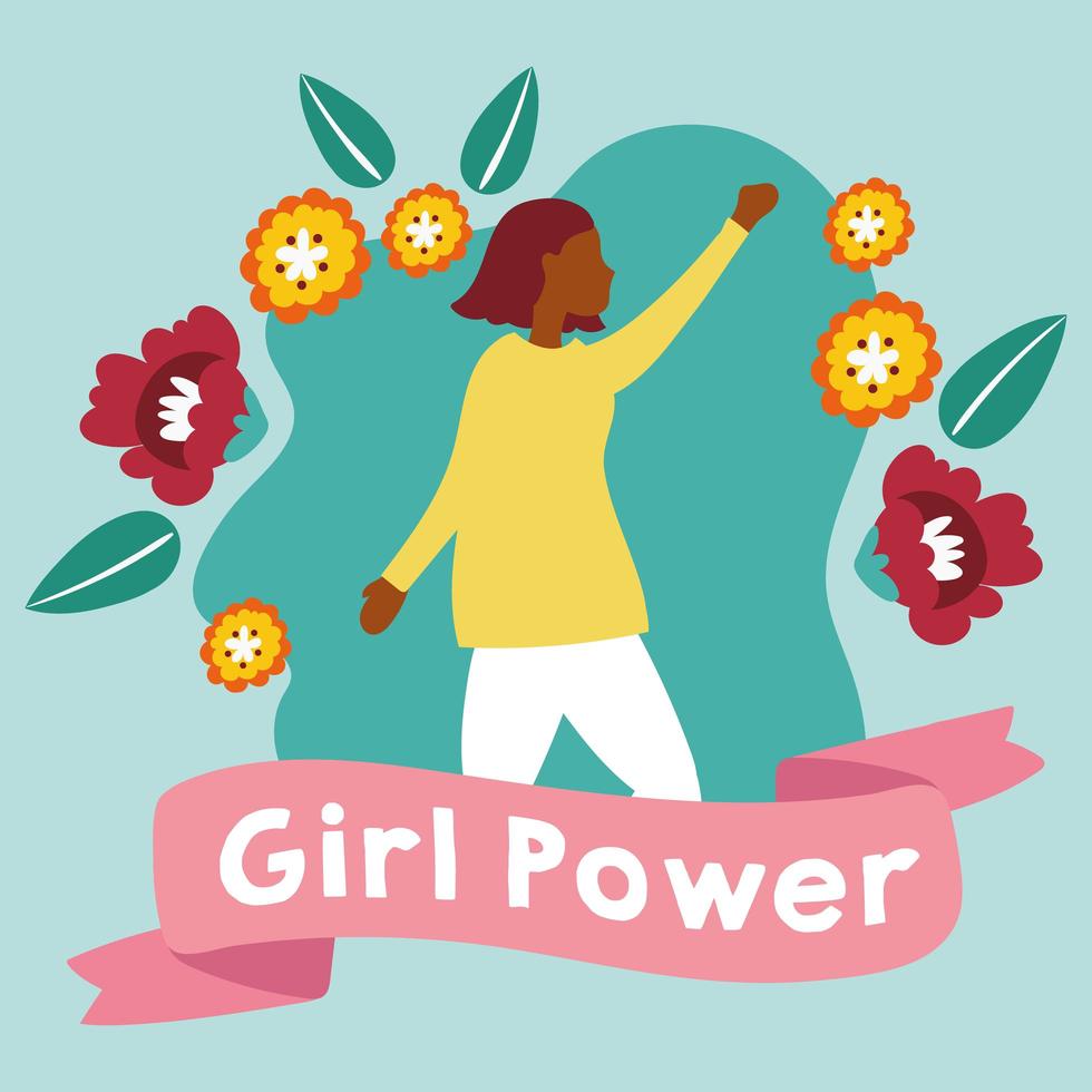 cartel de poder femenino con mujer afro con flores vector