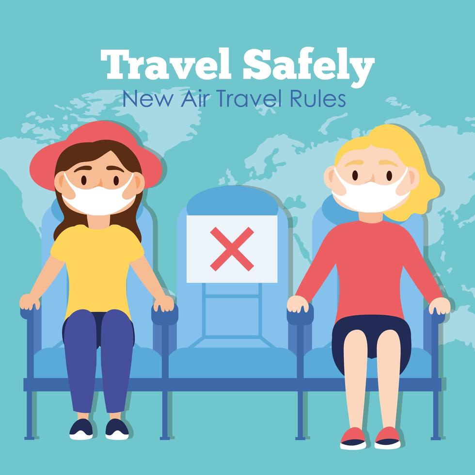 travel safely campaign lettering poster with passengers wearing medical masks in airplane chairs vector