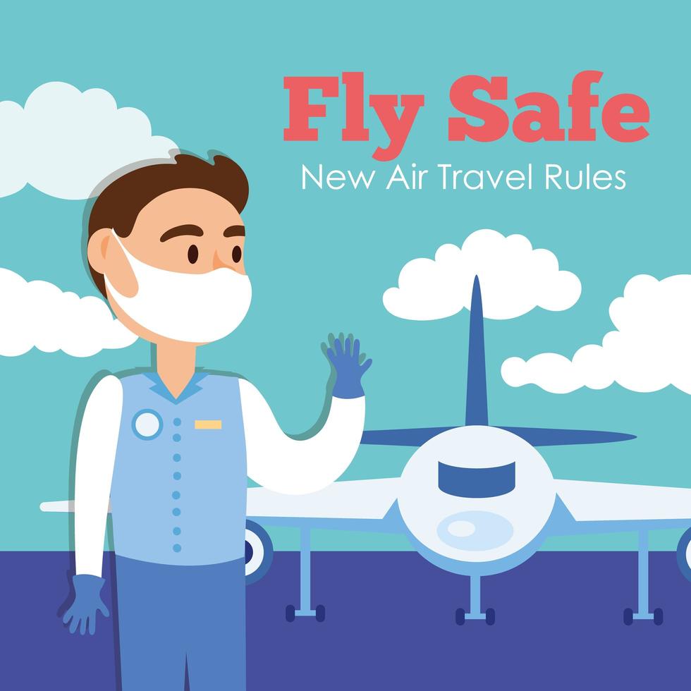 fly safe campaign lettering poster with stewardess and airplane vector