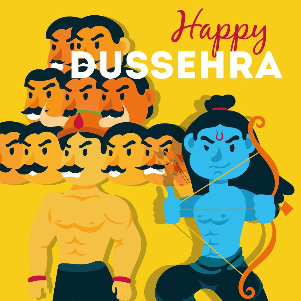 happy dussehra celebration with lord rama and ravana demon vector