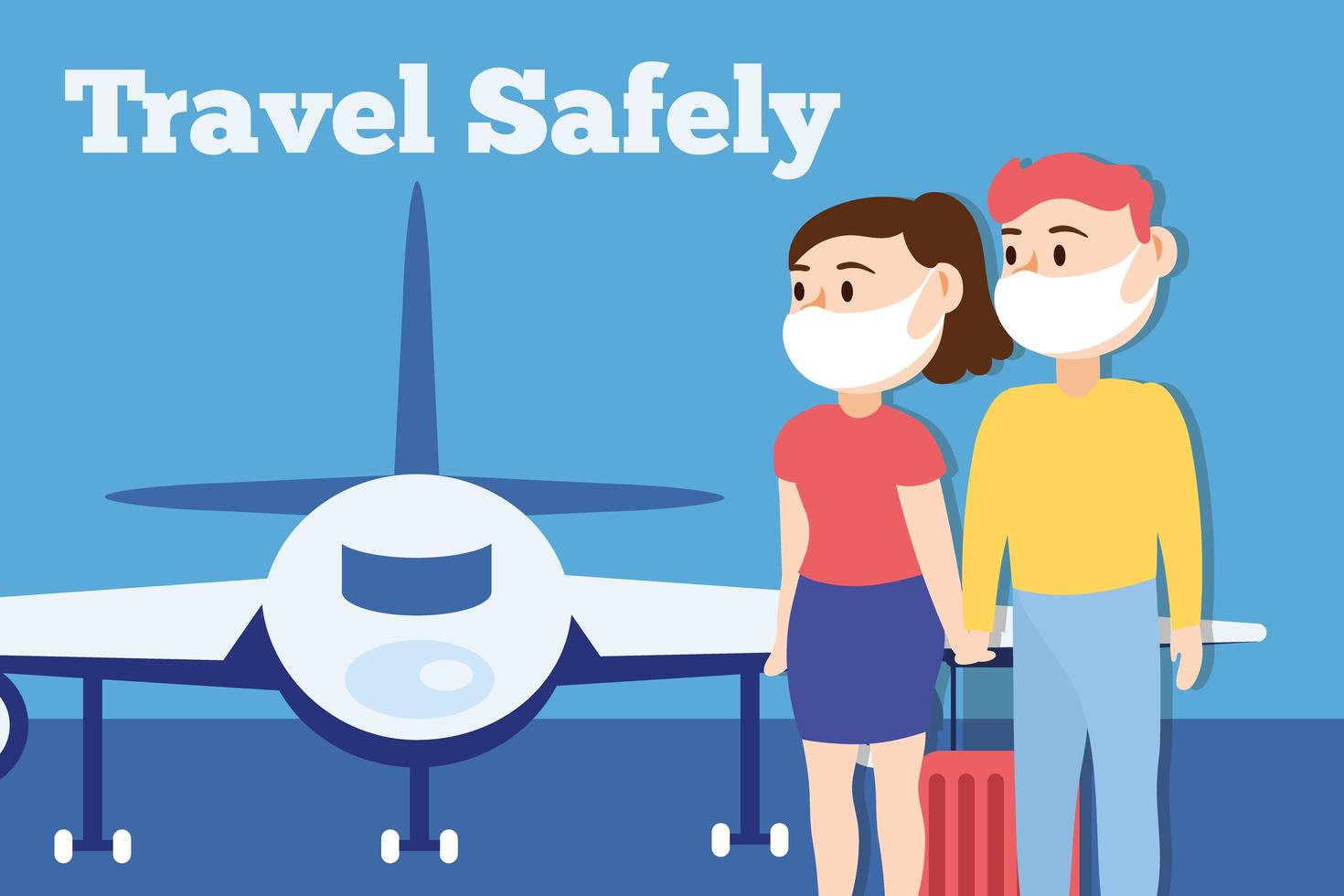 Cartel de letras de campaña de viaje seguro con pareja de viajeros con máscaras médicas y avión vector