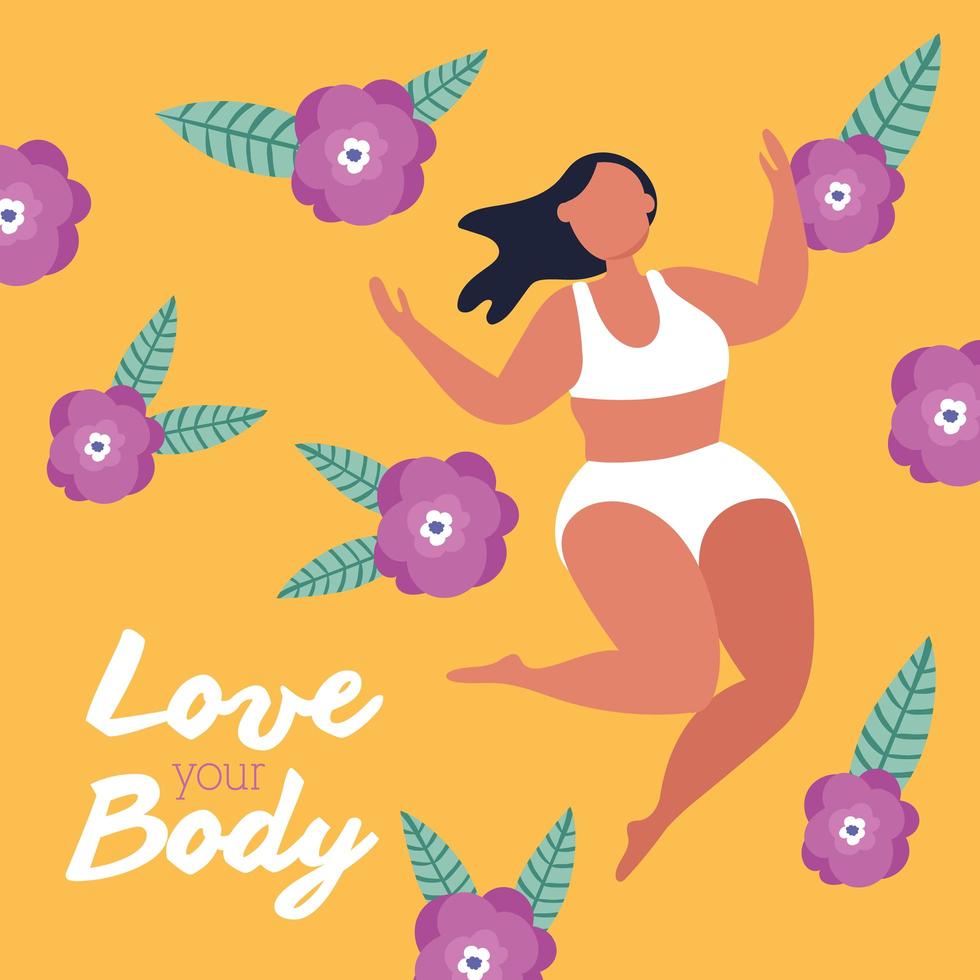 love your body lettering with big woman and flowers vector