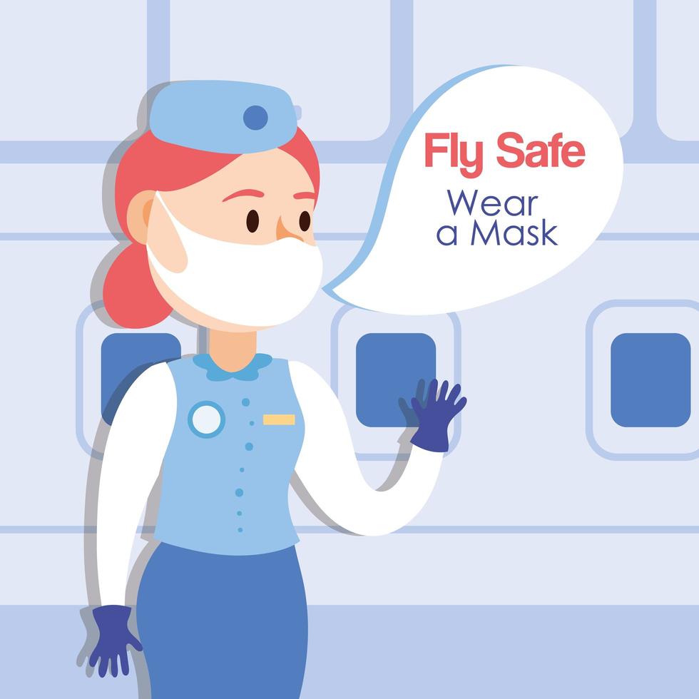 fly safe campaign lettering poster with stewardess talking vector