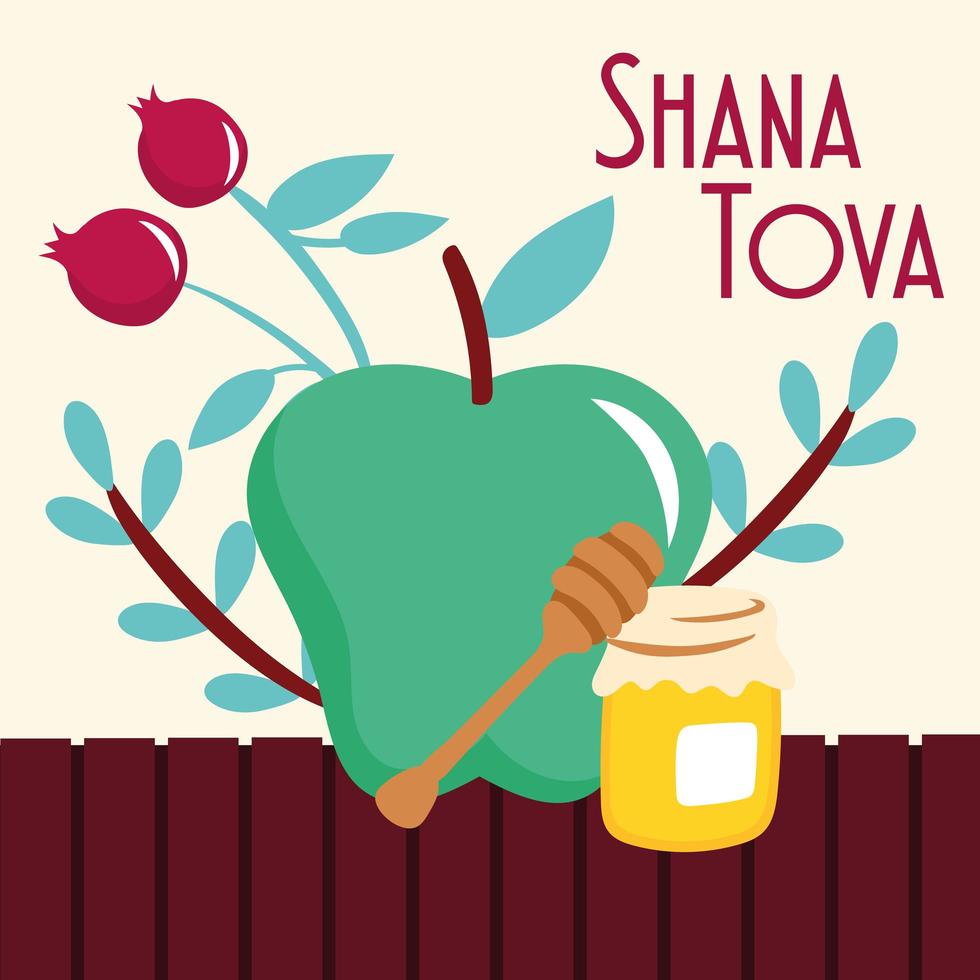 shana tova lettering with fruits and honey vector