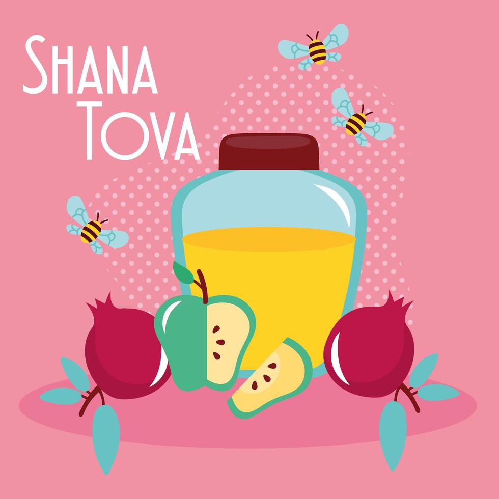 shana tova lettering with honey pot and fruits vector