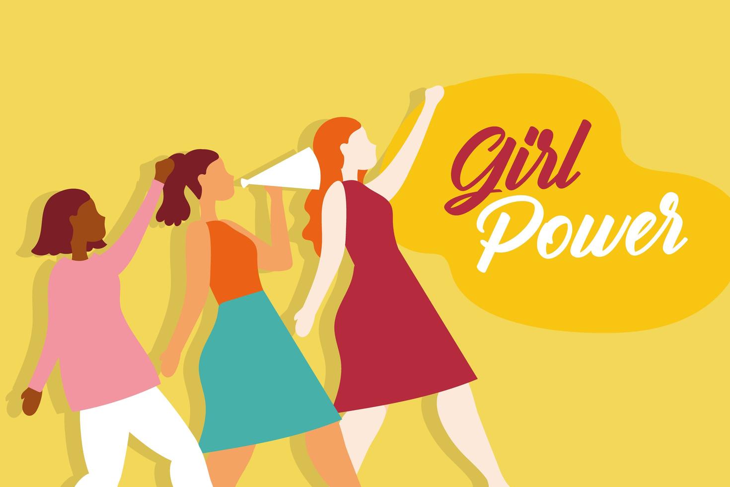 Girl power poster with interracial girls protesting with lettering vector