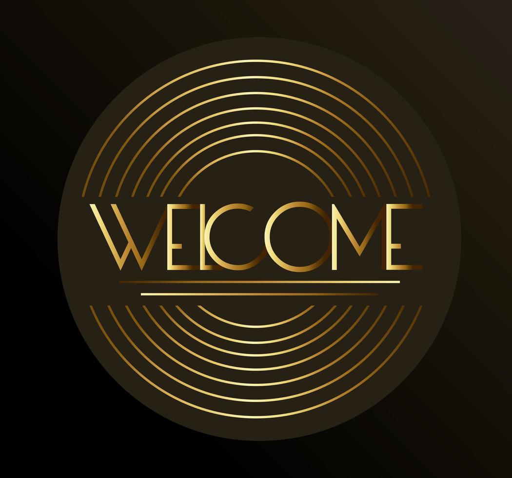 welcome label lettering with golden letters and circular lines vector