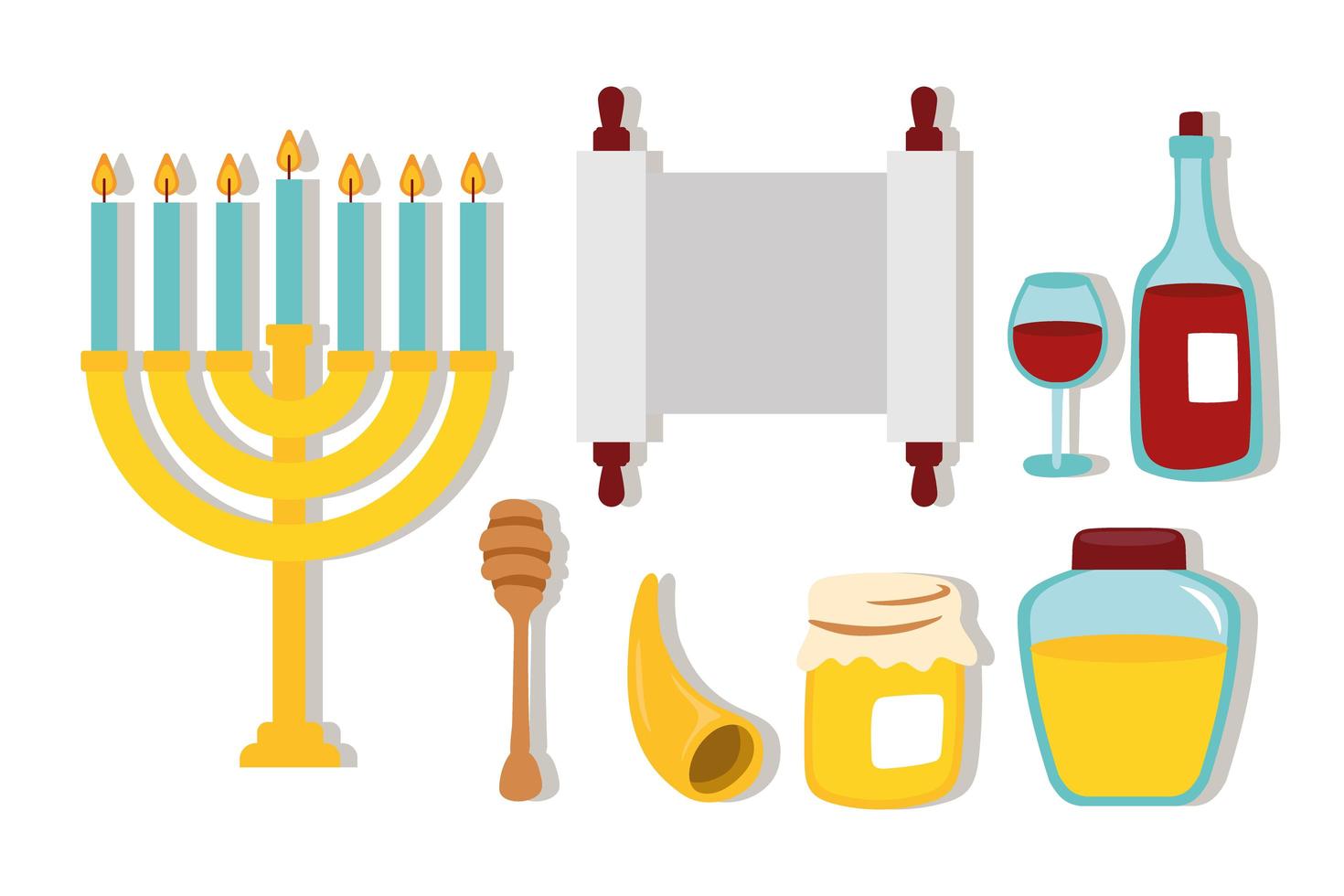 feliz celebración de rosh hashaná con iconos de conjunto vector