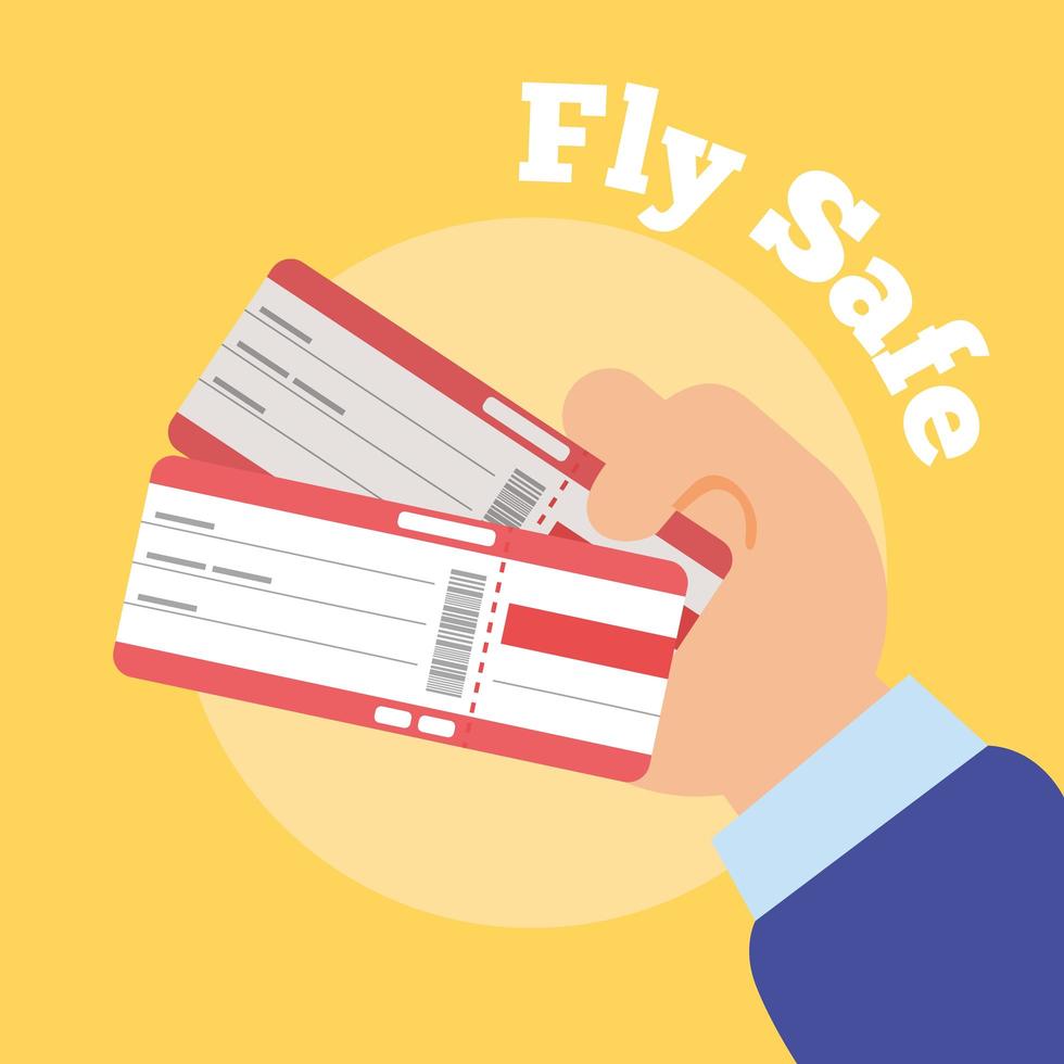 fly safe campaign lettering poster with hands and tickets flight vector