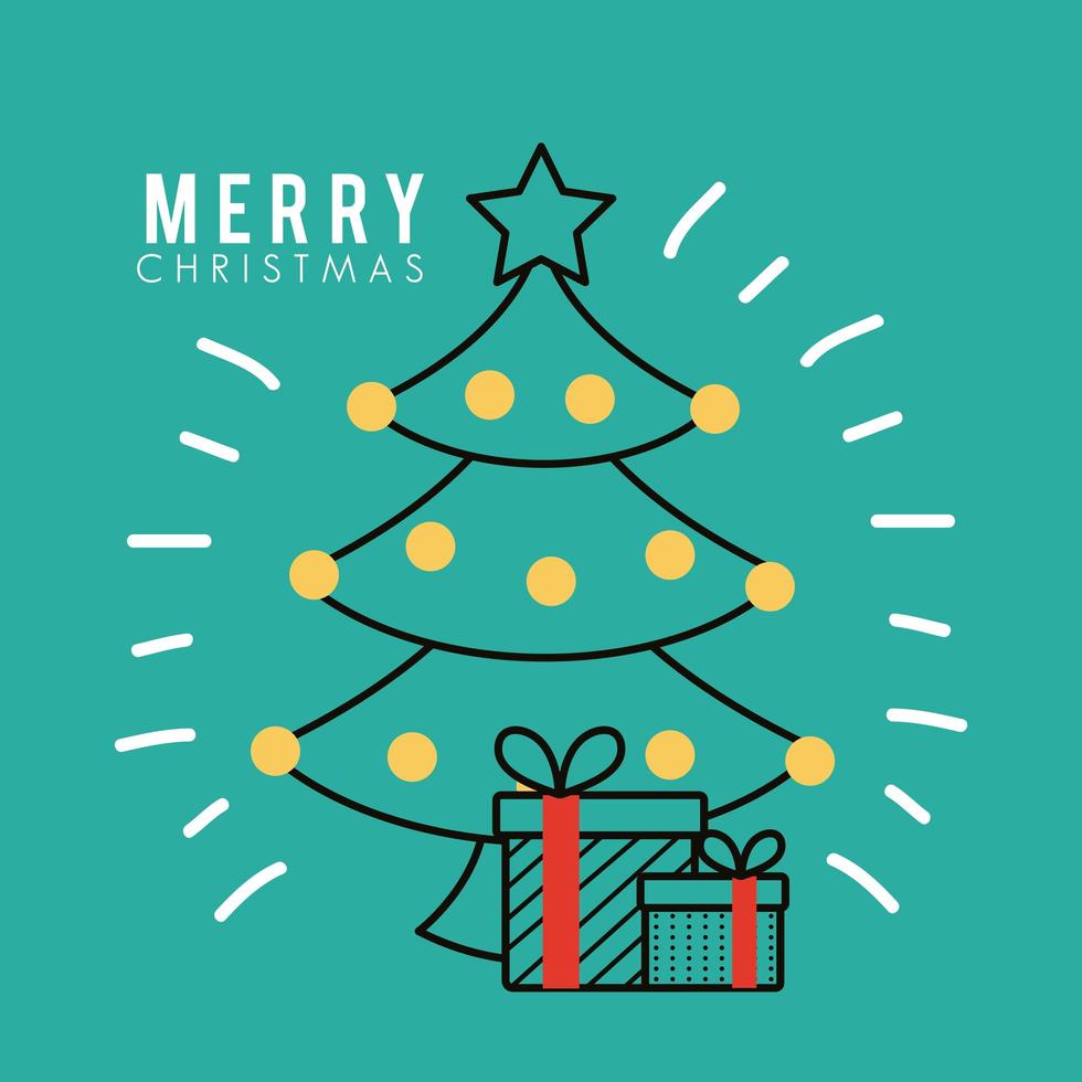 Merry Christmas pine tree with gifts in chimney line style icon vector