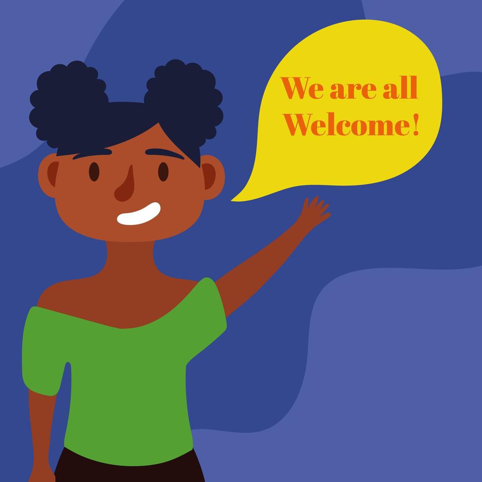 we are welcome lettering with afro woman speaking character vector