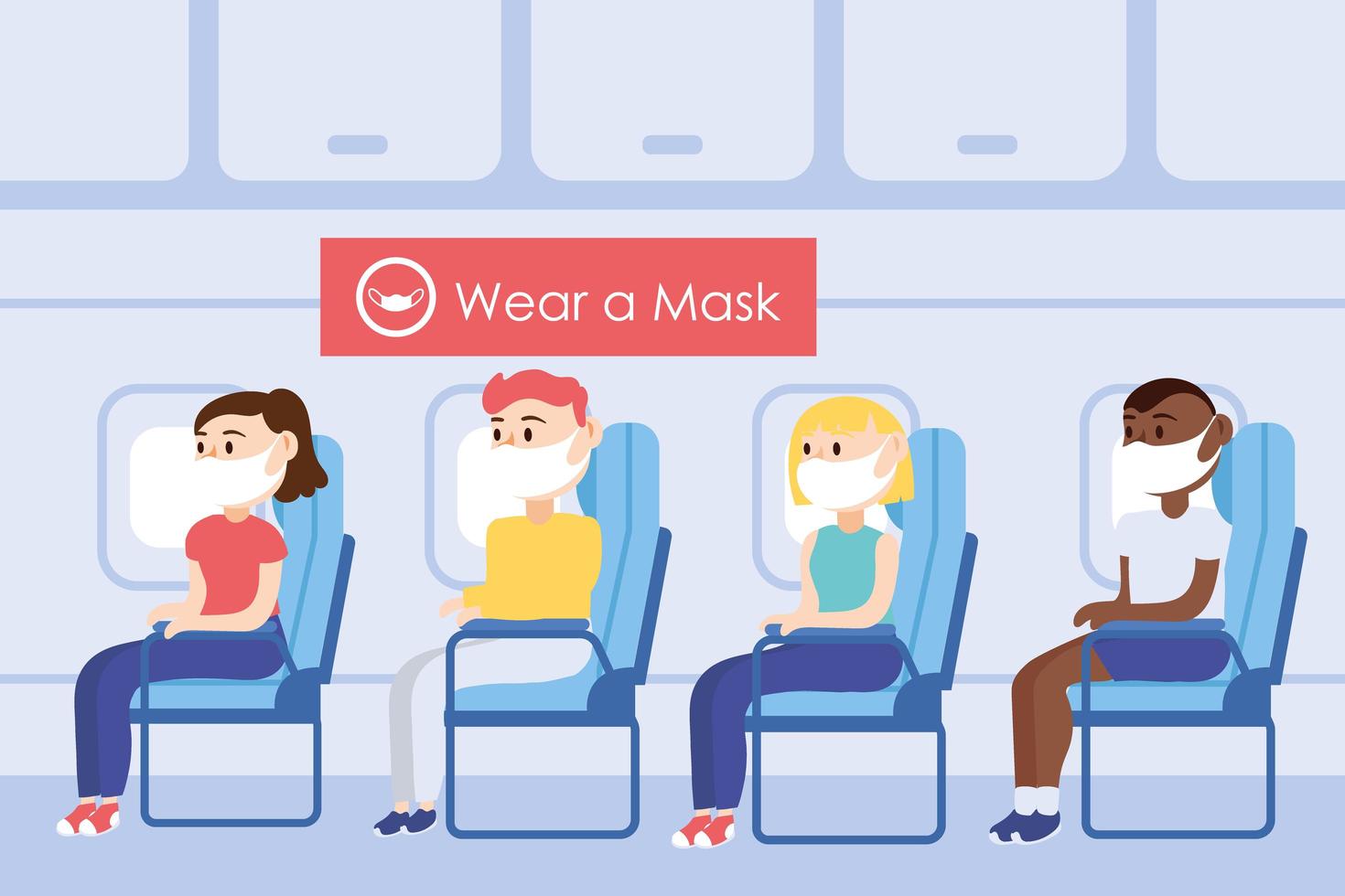 travel safe campaign poster with passengers wearing medical mask in airplane chairs vector