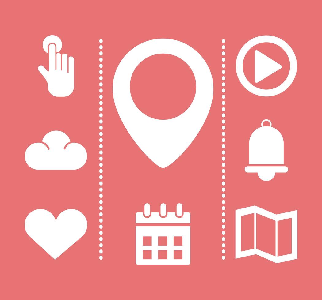 pin location with bundle of interface silhouette style icons vector