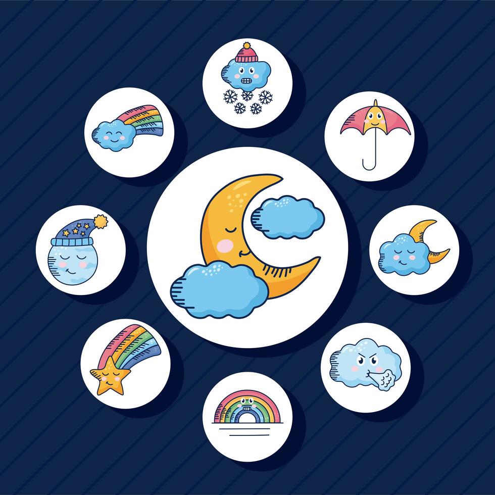 bundle of nine kawaii weather characters vector