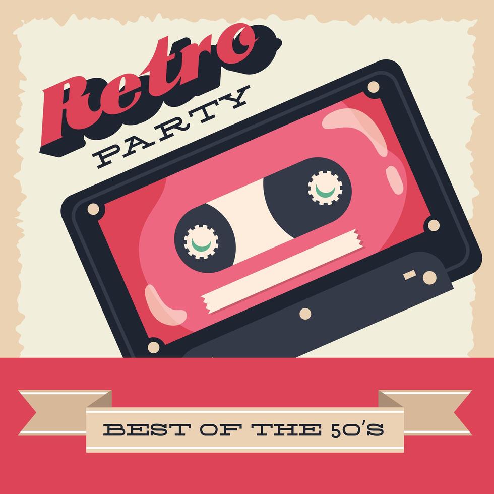 Retro style party poster  with cassette and ribbon frame vector