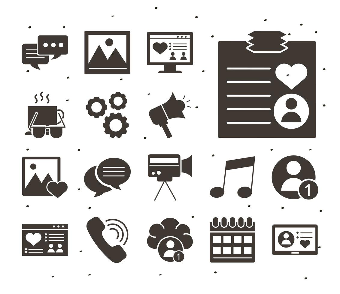bundle of fourteen social media block style icons vector