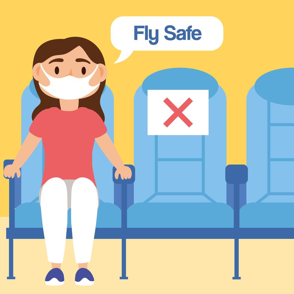 fly safe campaign lettering poster with passenger in airplane seats vector