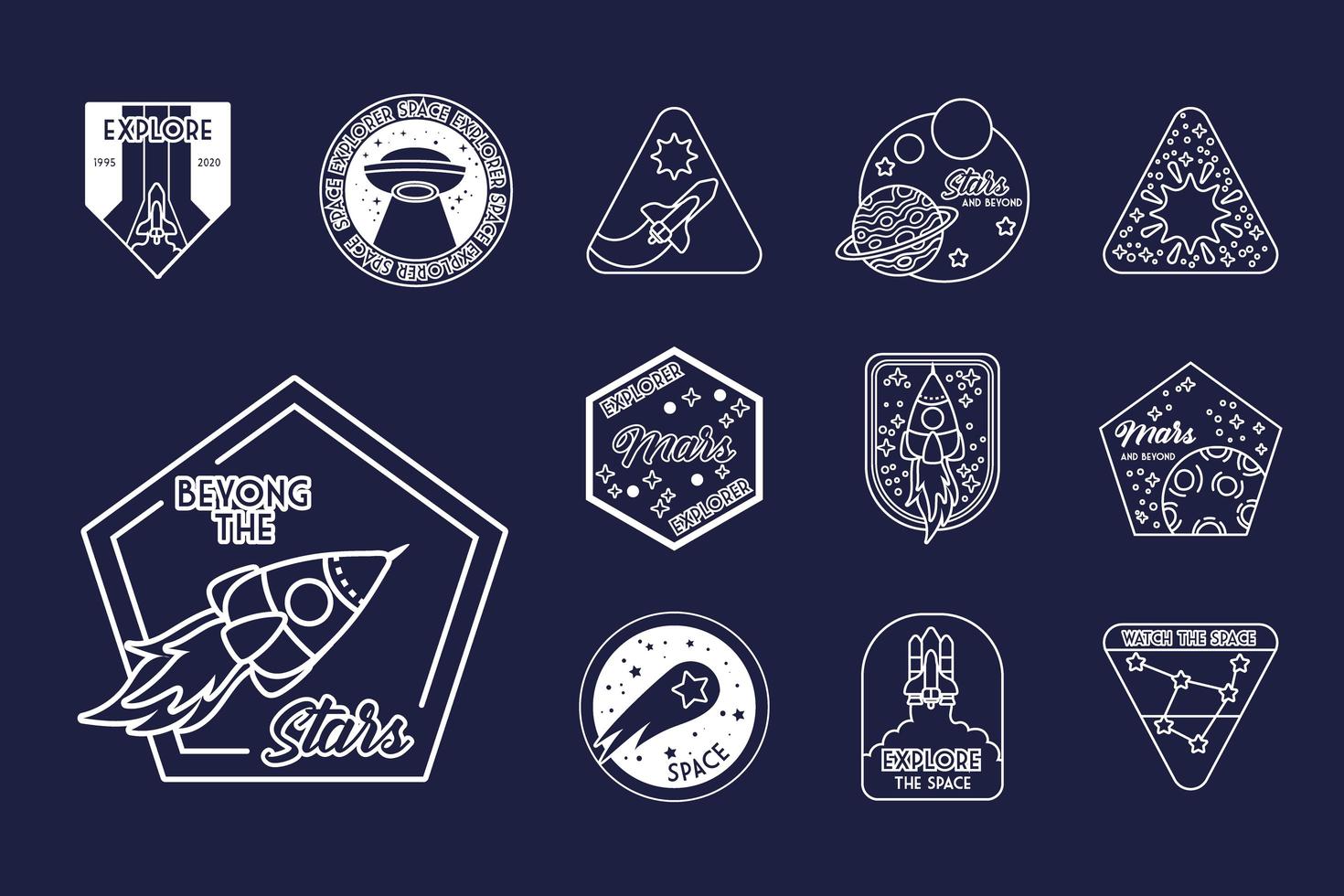 paquete de doce insignias espaciales en iconos de estilo de línea de fondo azul vector