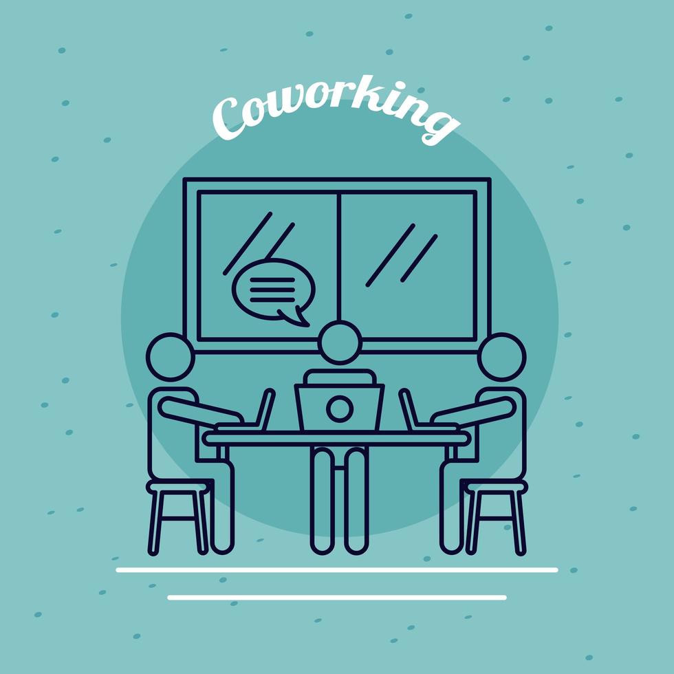 three workers with laptops and speech bubble, coworking line style vector