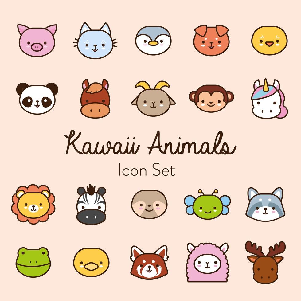 paquete de veinte animales kawaii de línea y estilo de relleno vector