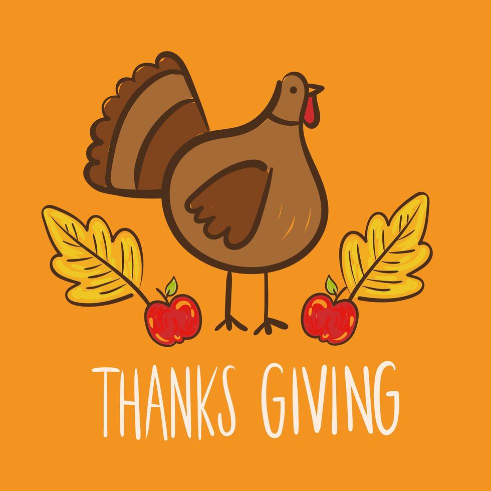 Feliz día de acción de gracias letras con estilo de dibujo a mano de Turquía vector