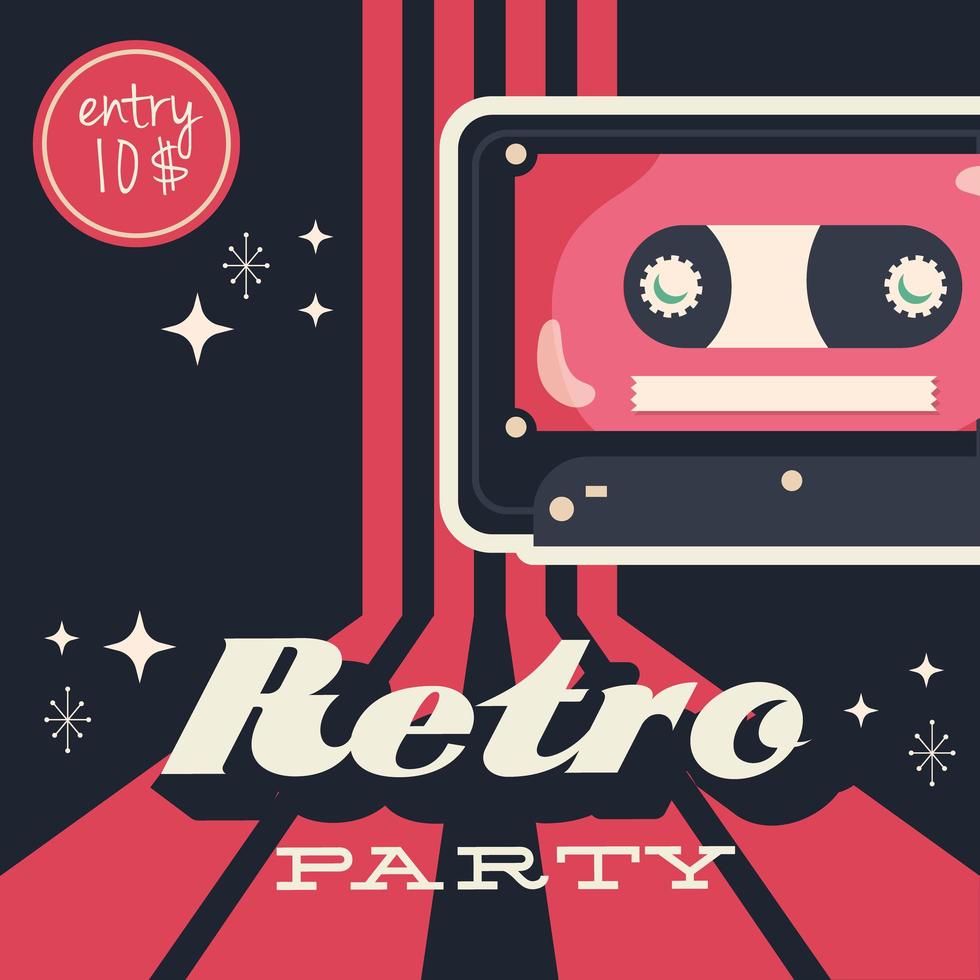 Cartel de fiesta de estilo retro con cinta de cassette y precio de entrada. vector