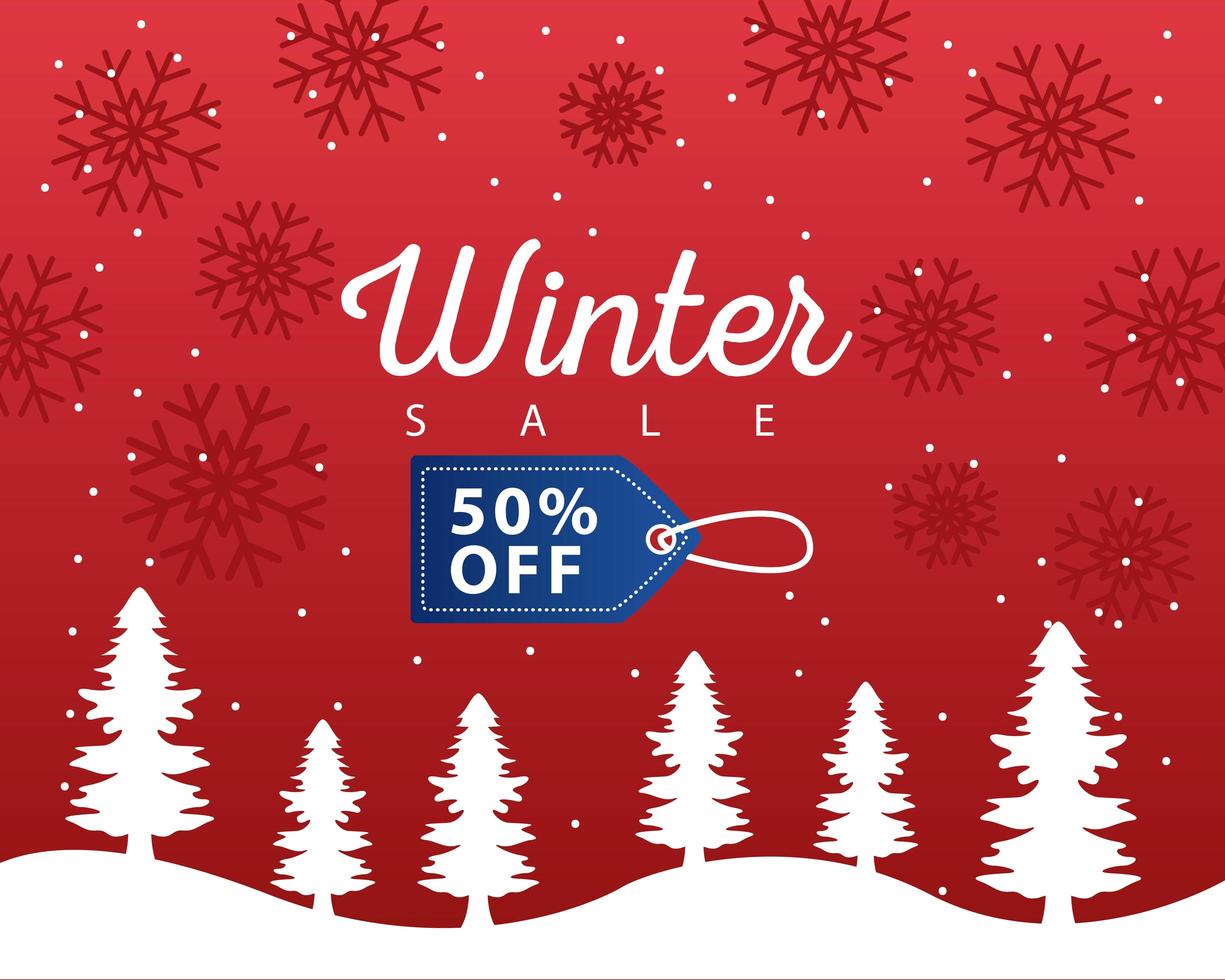 big winter sale poster with blue tag hanging in snowscape vector