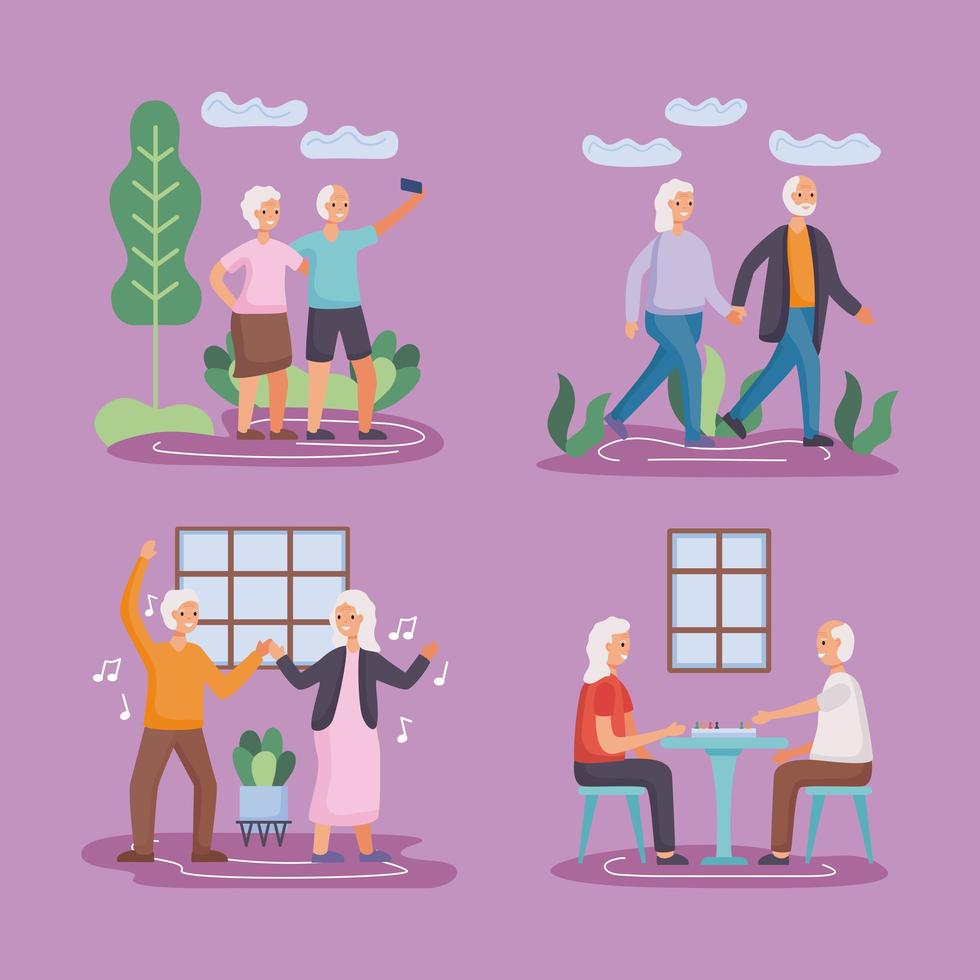 Grupo de cuatro parejas de personas mayores activas practicando actividades. vector